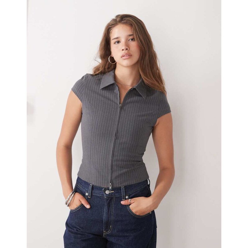 Weekday zip through top with cap sleeves in dark grey pinstripe 115743825