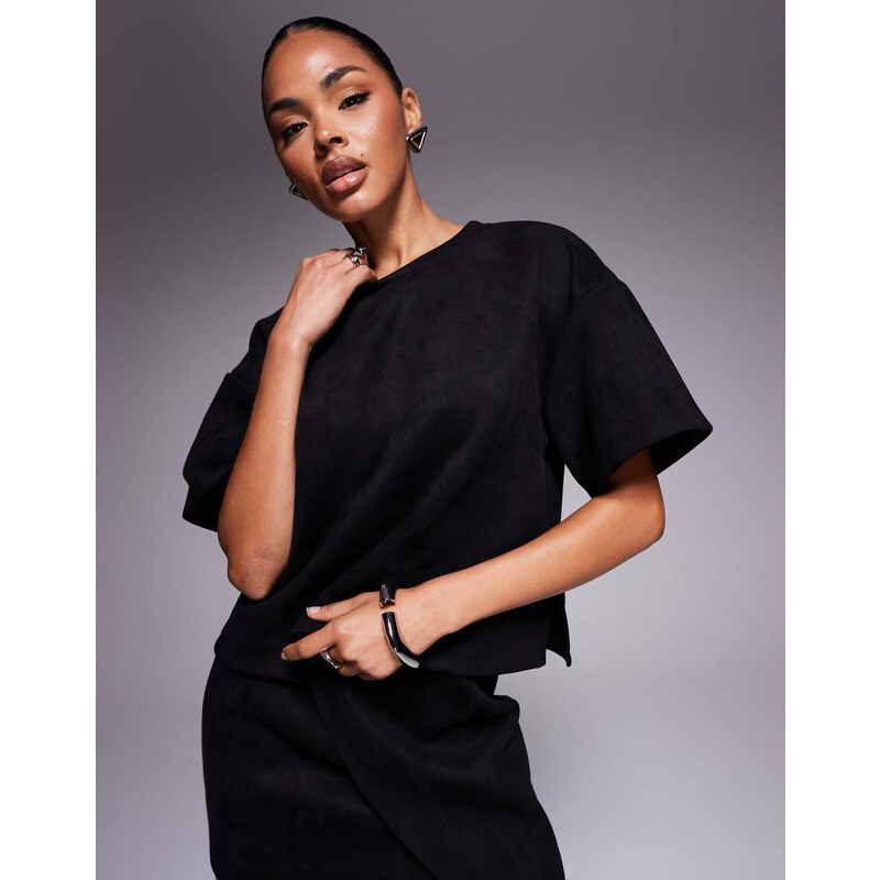 ASOS DESIGN co-ord faux suede boxy t-shirt in black