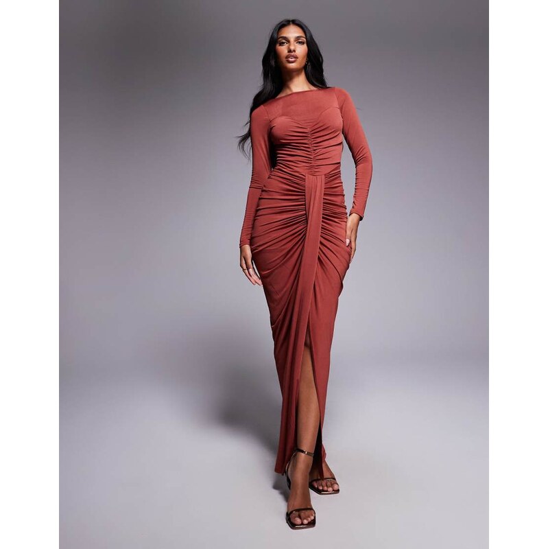 TFNC long sleeve ruched split maxi dress in deep rust-Orange