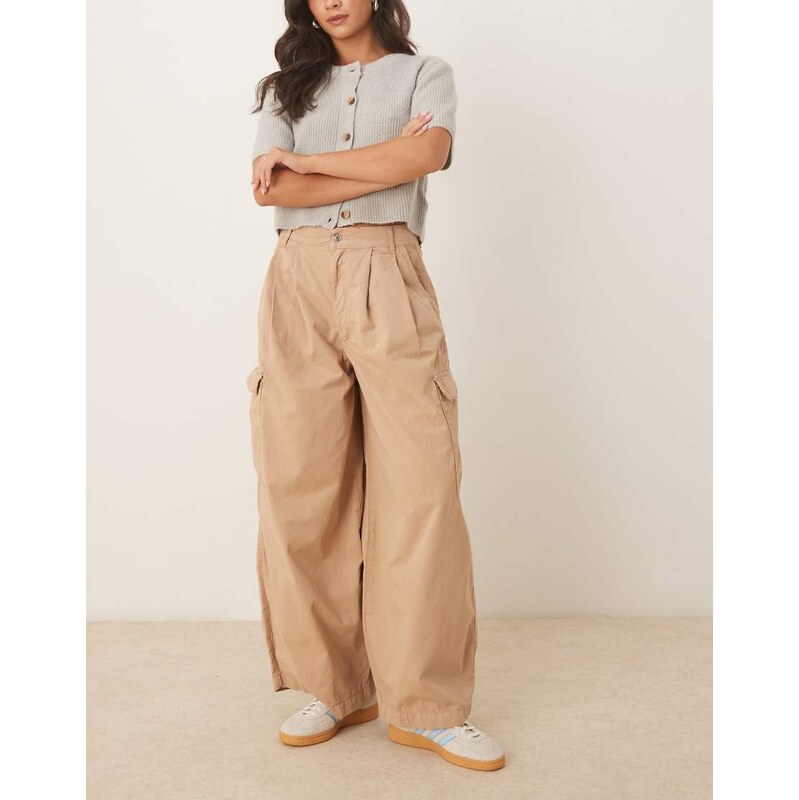 ASOS DESIGN oversized cargo trouser with pleats in stone-Neutral