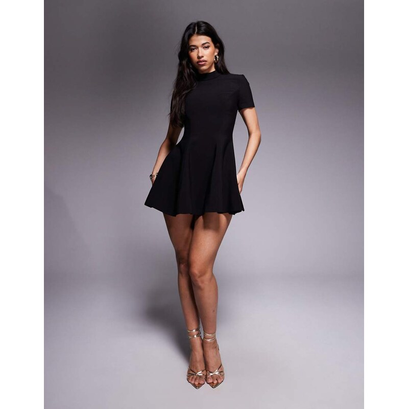 Bardot Zephyra short sleeve high neck fit and flare full skirt mini 107977134