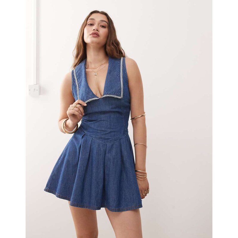Miss Selfridge sailor collar denim dress with picot trim-Blue