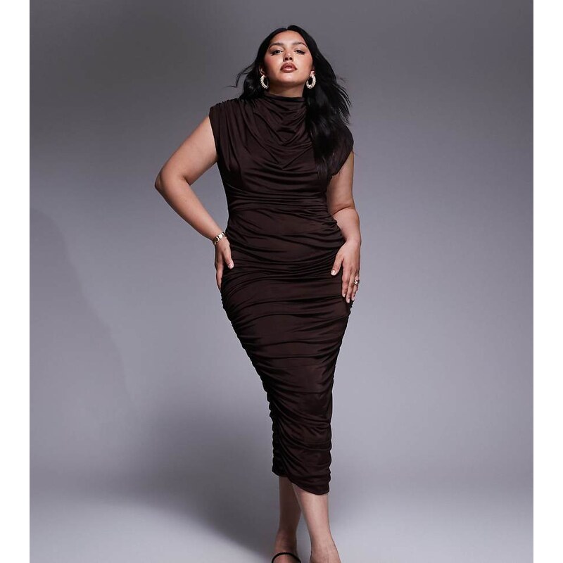 TFNC Plus high neck midi dress in chocolate-Brown
