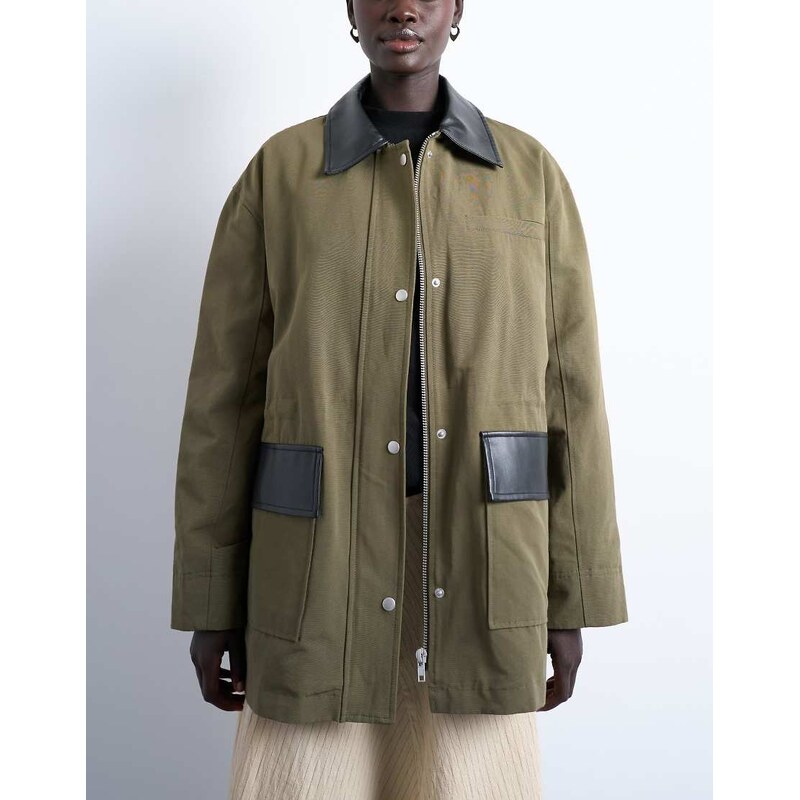 Topshop shacket with patch pocket in dark green