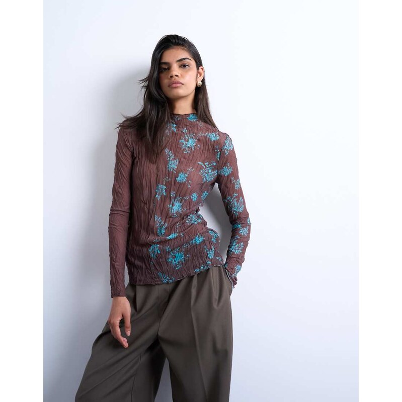Topshop spliced crinkle mesh long sleeve top in brown and turquoise 107981245