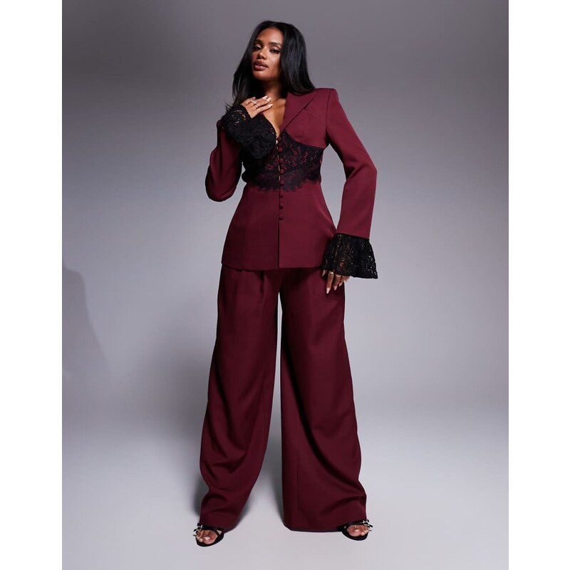 ASOS LUXE co-ord tailored wide leg trouser in burgundy