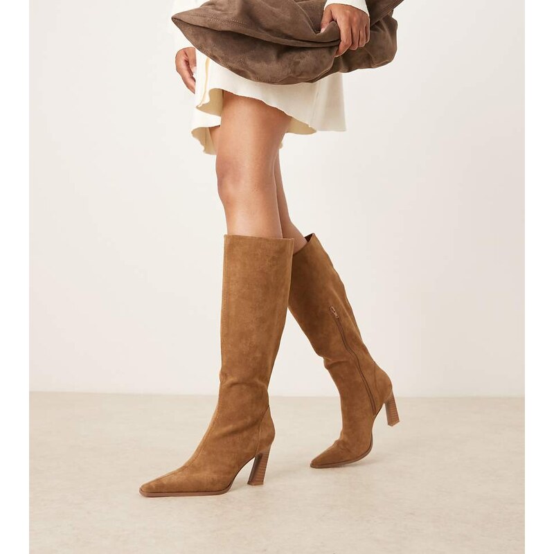 ASOS DESIGN Wide Fit Clara chisel toe knee boots in sand suedette 107981284