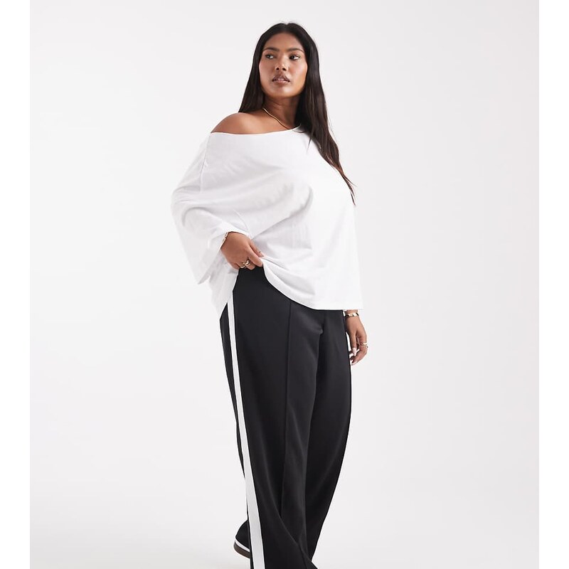 Noisy May Curve straight leg jersey trouser in black with white side 110924252