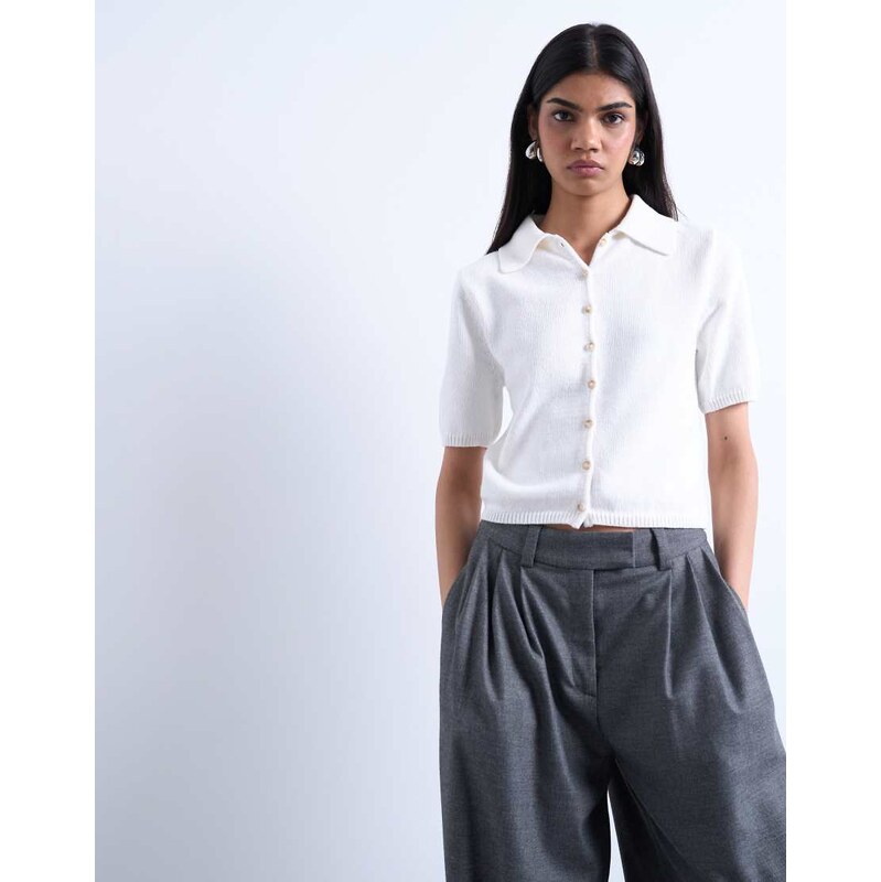 Topshop knitted short sleeve polo top in neutral 107981290