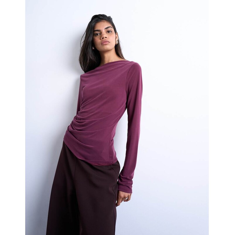 Topshop cupro long sleeve hitch side detail top in burgundy-Red 107981315