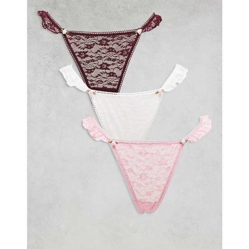 ASOS DESIGN 3 pack lace tanga thong with lace frill side and