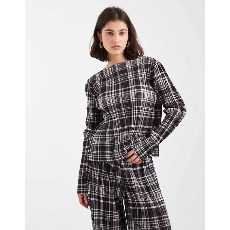 Object plisse long sleeve top co-ord in mono check-White 111244285