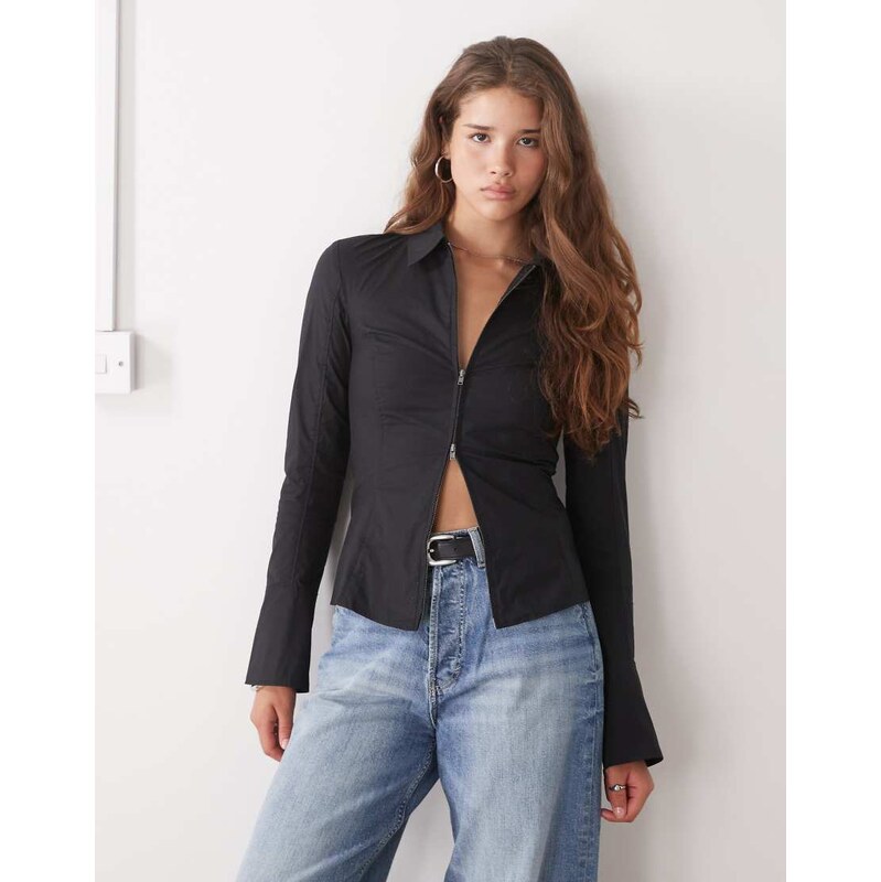 Weekday zip through shirt with flare sleeve detail in black 108359826