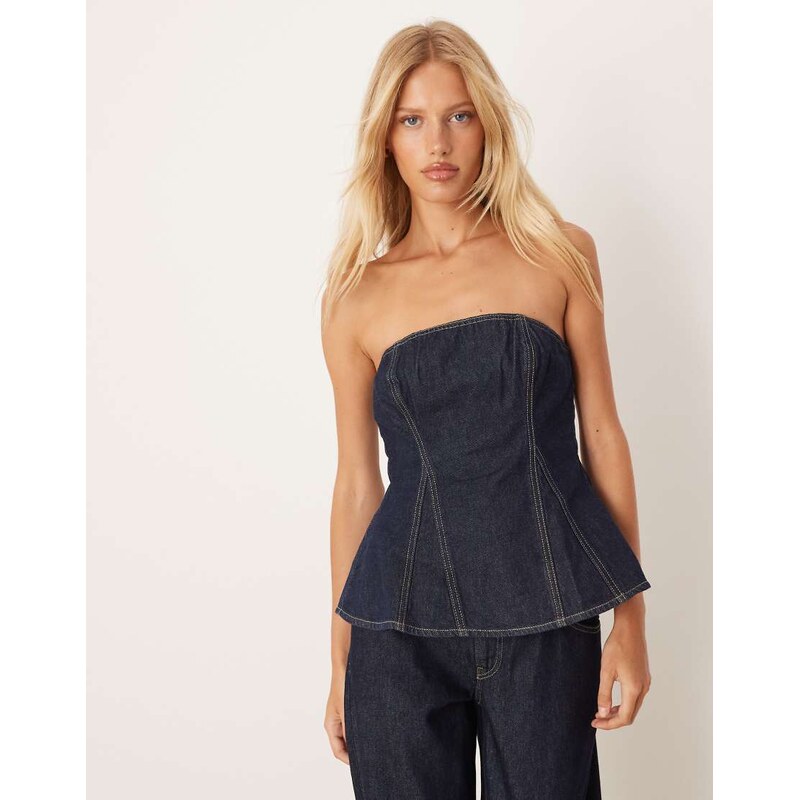 Mango denim bandeau co-ord top with contrast stitch in indigo