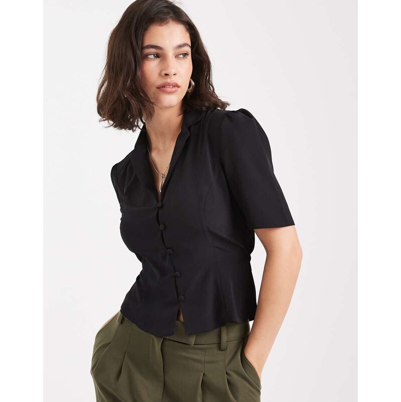 ASOS DESIGN tie waist tea blouse in black