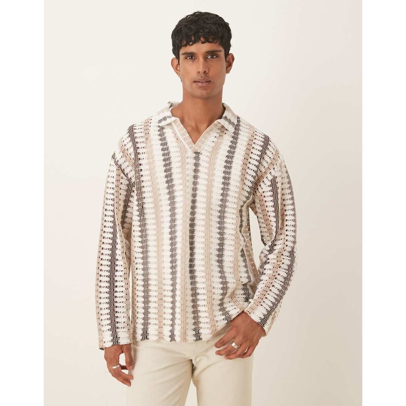 ASOS DESIGN oversized long sleeve polo in neutral striped