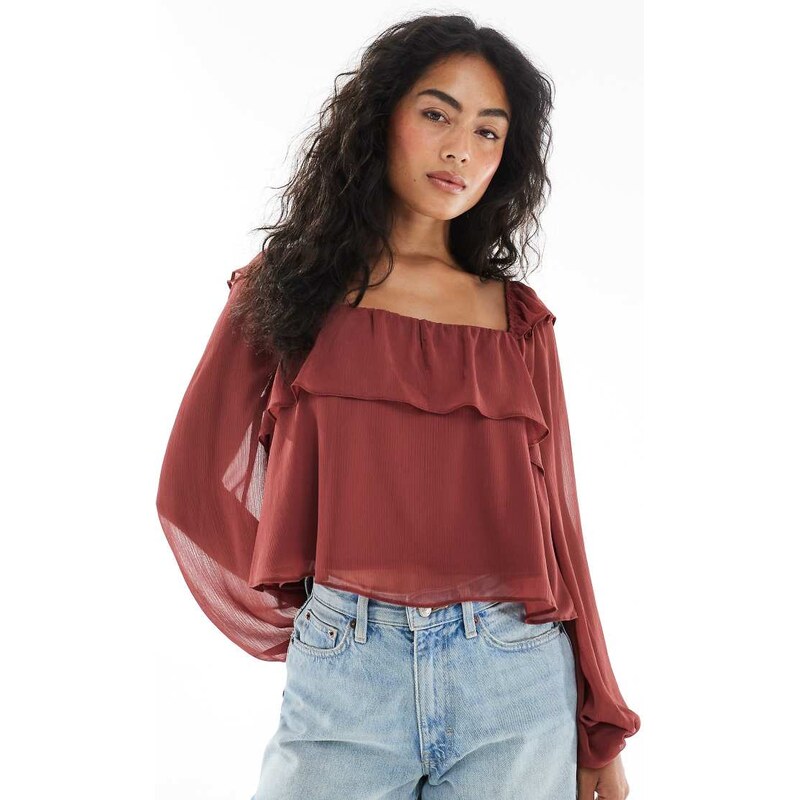 Miss Selfridge chiffon milkmaid blouse in chocolate-Brown