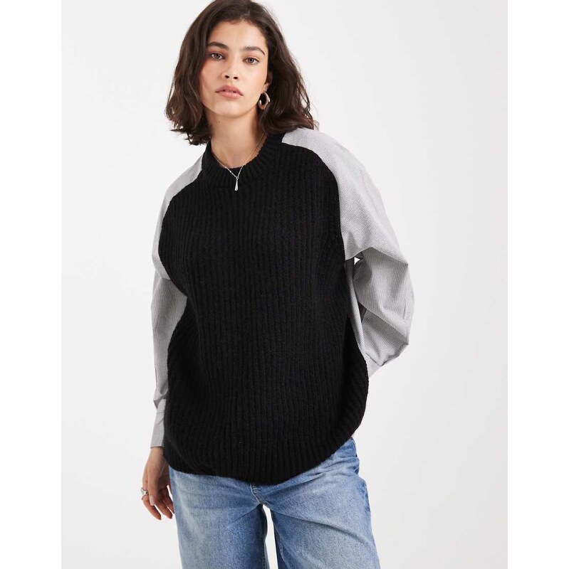 ASOS DESIGN woven mix knitted jumper in black-Navy 107981439