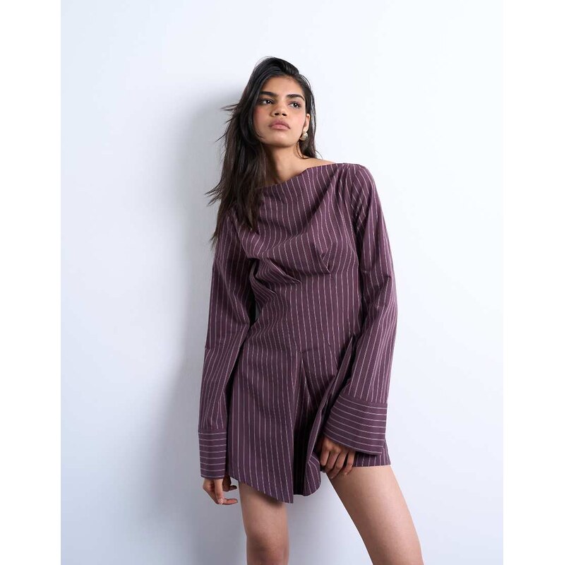 Topshop cut about long sleeve mini dress in burgundy stripe-Red