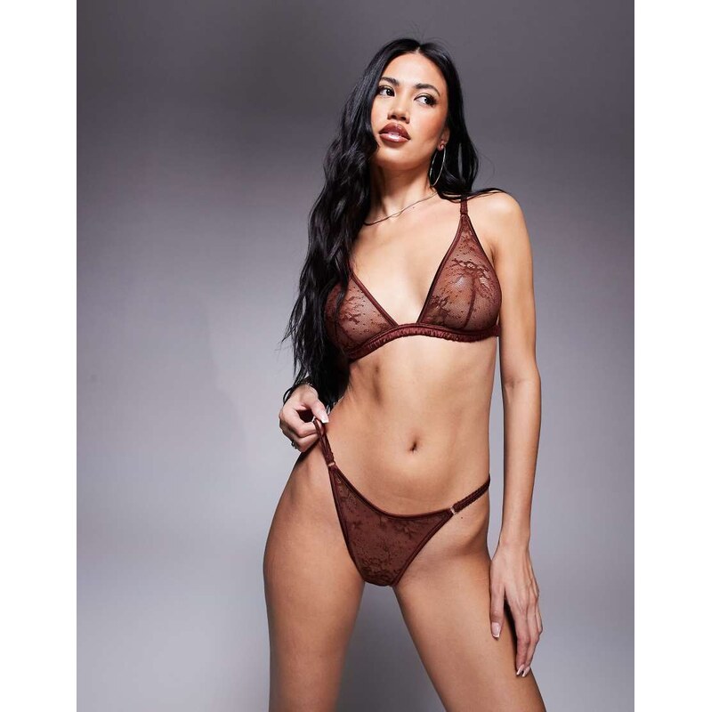 ASOS DESIGN Bruna lace brazilian brief with satin binding in chocolate 114804177