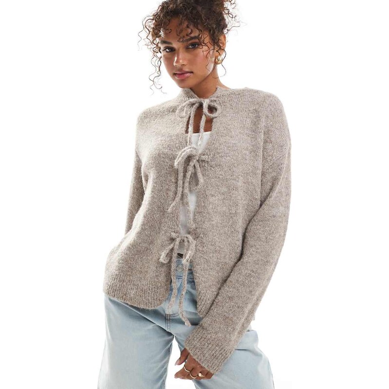 Daisy Street tie front slouchy cardigan in beige marl-Brown