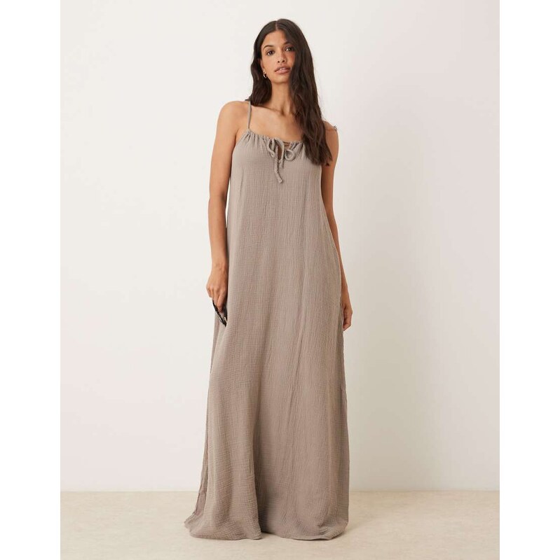 JDY cheesecloth sleeveless tie front maxi dress in brown