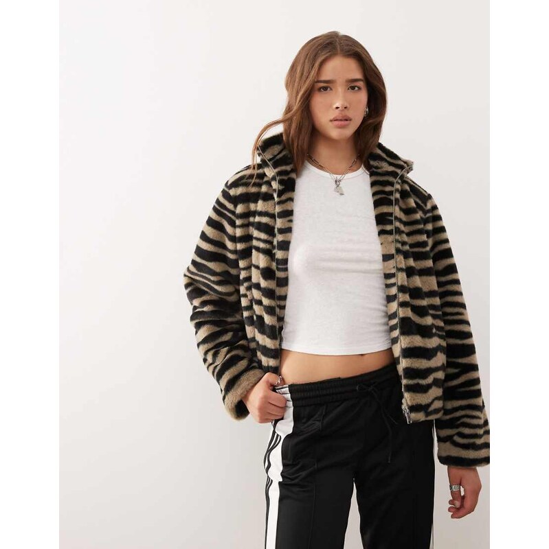 Noisy May funnel neck faux fur jacket in grey zebra-Neutral 108228686