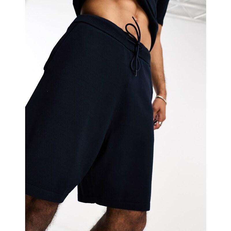 Selected knitted short co-ord with drawstring waist in navy