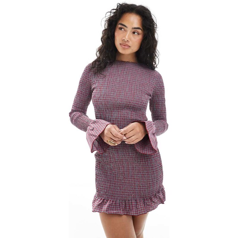Daisy Street long sleeve shirred mini dress in red check 107983276