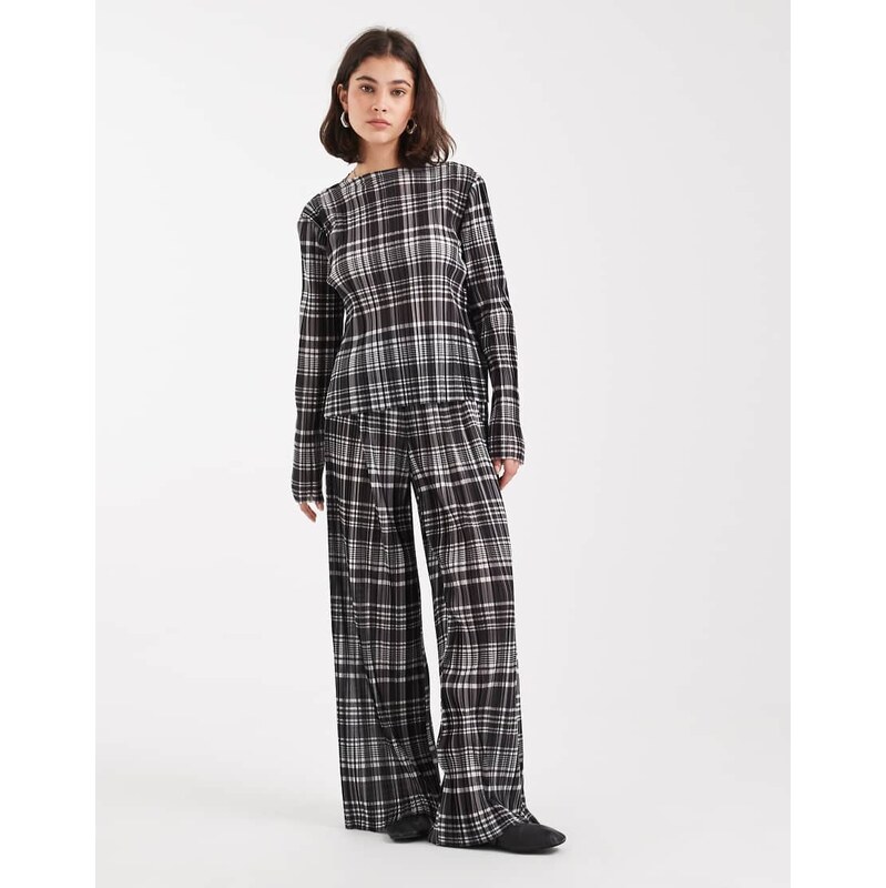 Object plisse wide leg trouser co-ord in mono check-White 113347081