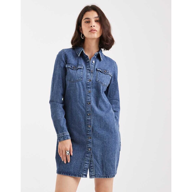 Vero Moda long sleeve denim shirt dress in medium blue