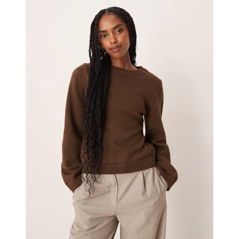 ASOS DESIGN knitted crew neck jumper with tie waist in brown 107993696