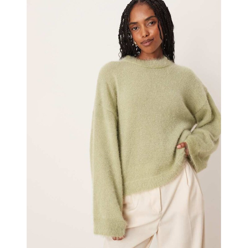 ASOS DESIGN fluffy wide sleeve knitted jumper in green 107993697