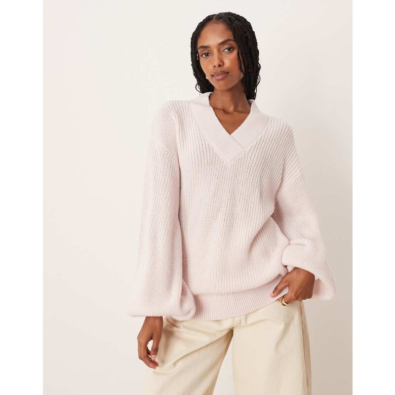ASOS DESIGN knitted oversized v neck jumper with wool in pink 115567840