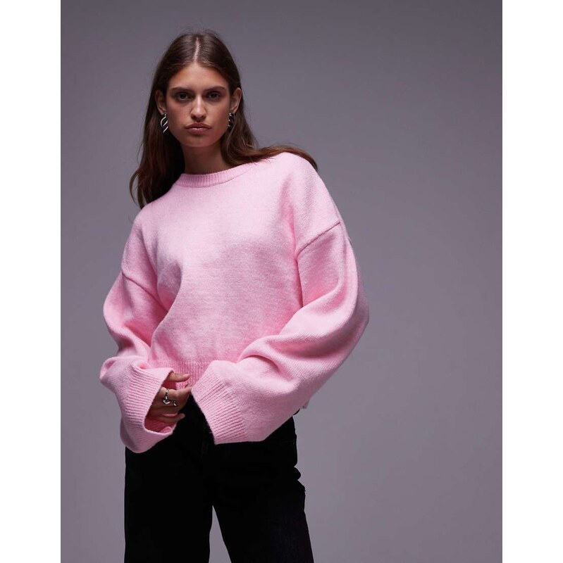 ASOS DESIGN wide sleeve oversized knitted jumper in pink 108056514