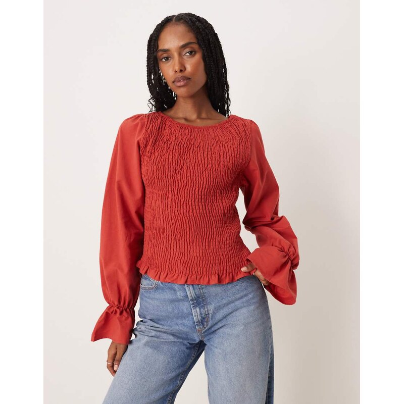 ASOS DESIGN linen blend shirred blouse in red