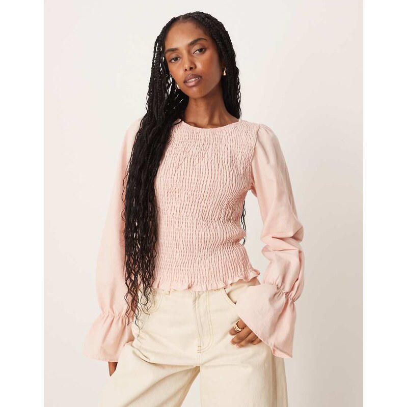 ASOS DESIGN linen blend shirred blouse in pink