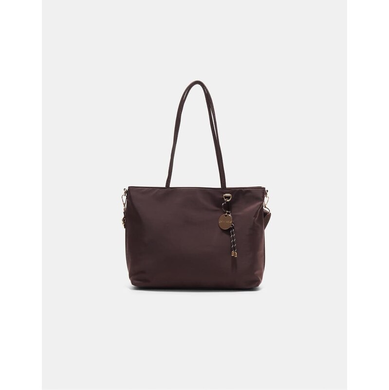 Stradivarius Fabric shopper bag with charm in brown 107993761