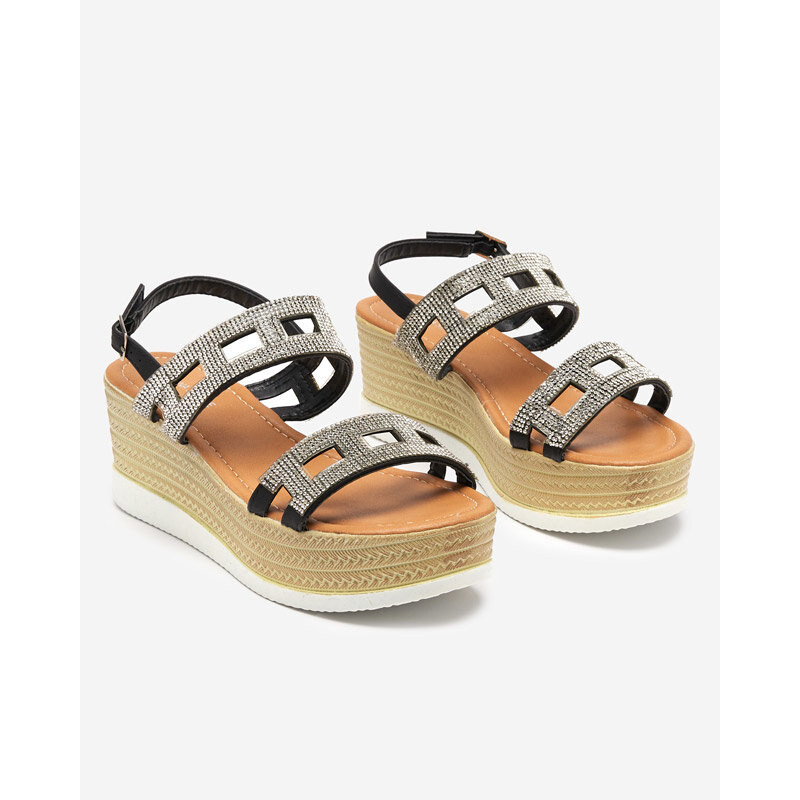 Resti Black womens sandals with zircons on a wedge Masewi - Footwear 107994388