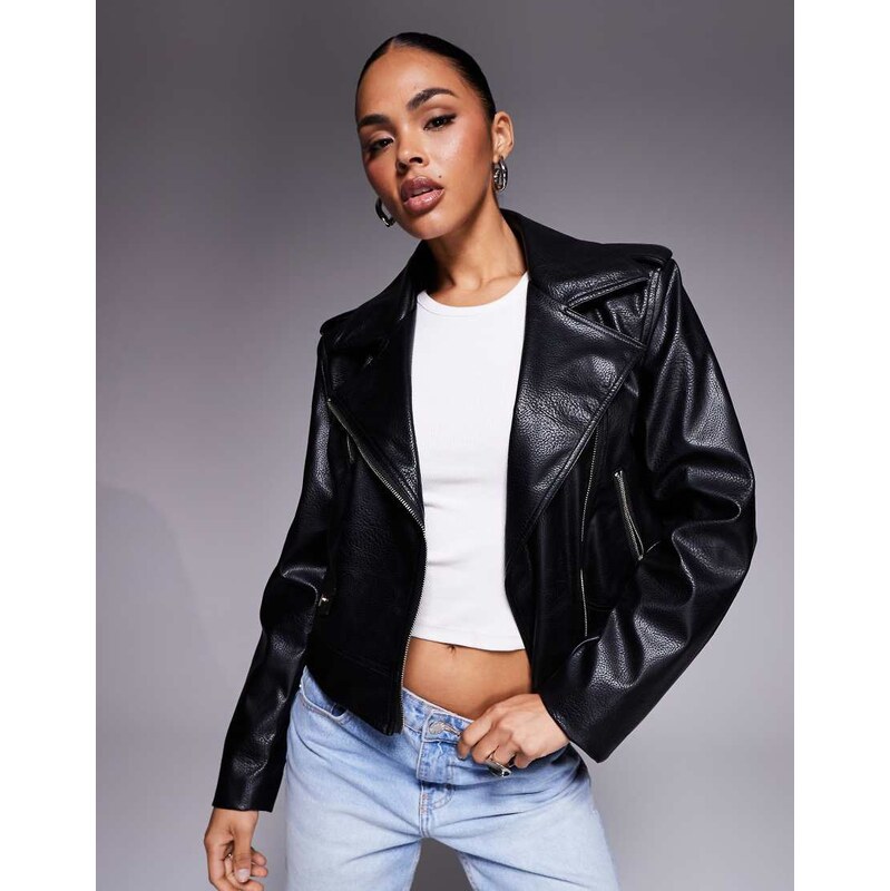 River Island boxy faux leather biker jacket-Black