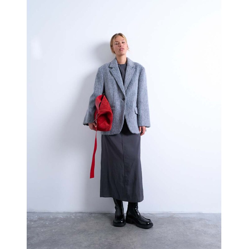 Topshop longline brushed one button blazer coat with wool in grey marl 107996929