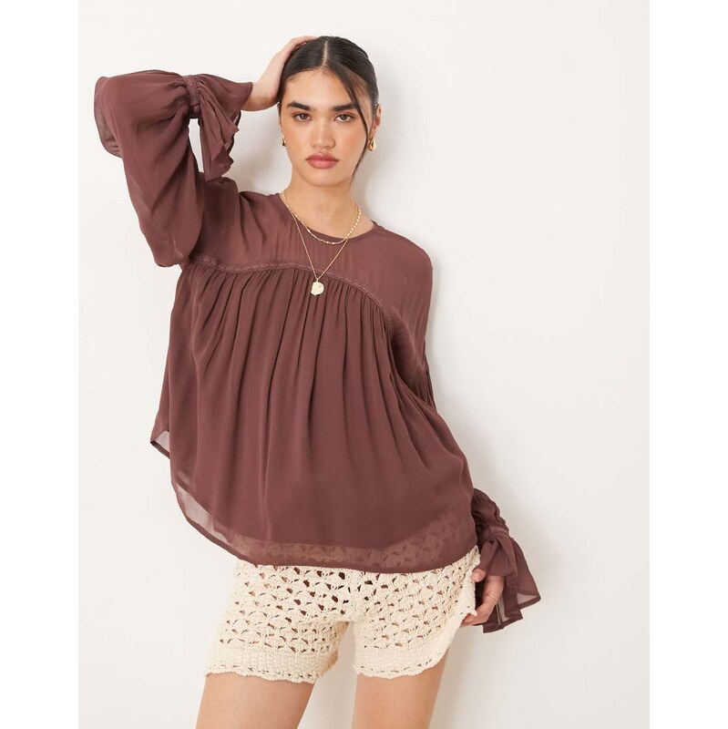 ASOS DESIGN sheer yoke volume detail long sleeve top in brown