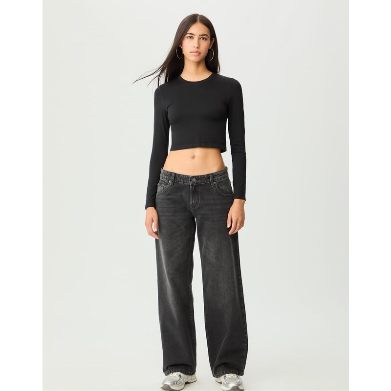 Stradivarius Mid-rise baggy jeans in black denim washed effect-Grey 107997020