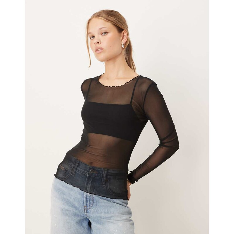JDY long sleeve mesh top in black