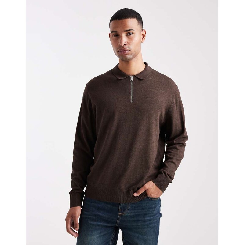 Jack & Jones quarter zip knitted polo in brown