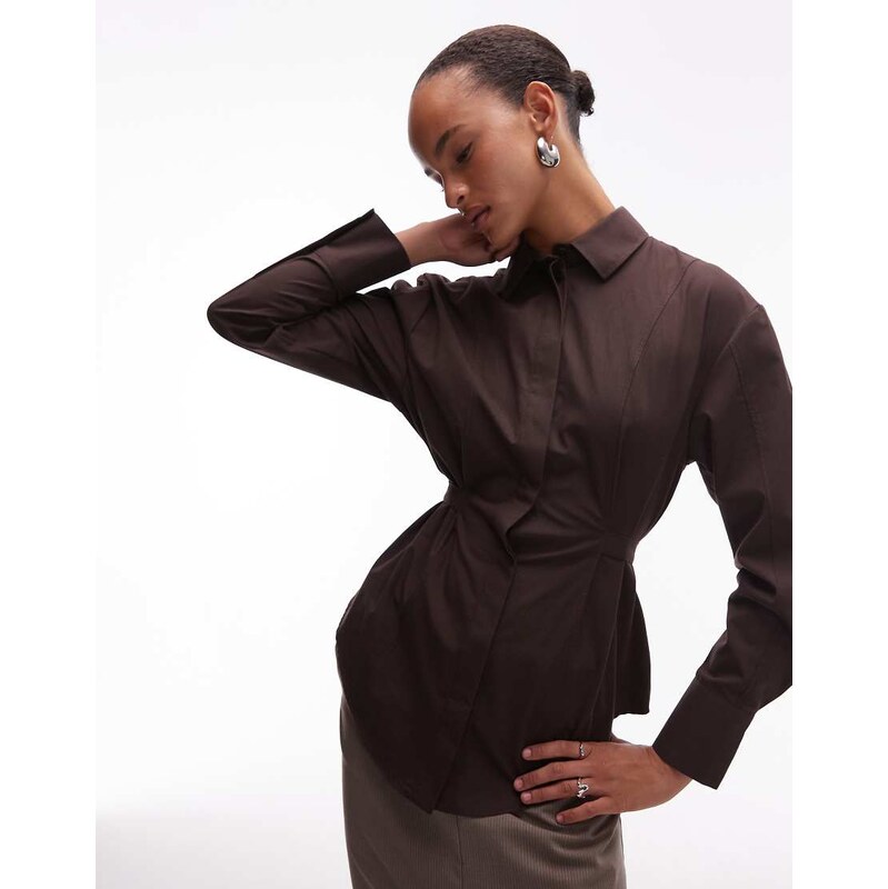 ASOS DESIGN adjustable cinched back shoulder pad shirt in chocolate 107999416
