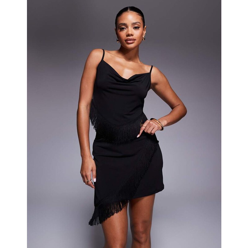 ASOS DESIGN co-ord fringe detail wrap mini skirt in black