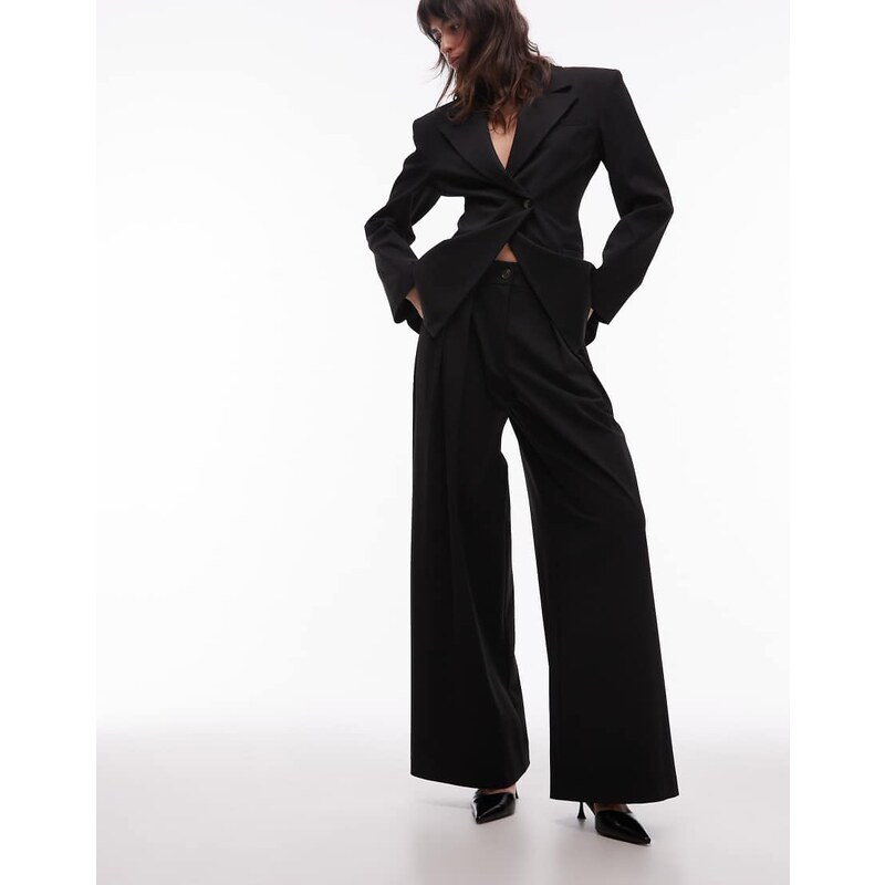 ASOS DESIGN tailored high waist pleat front trouser in black 108152646