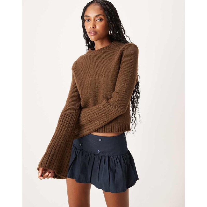 ASOS DESIGN knitted crew neck jumper with angel sleeve in brown 108441900