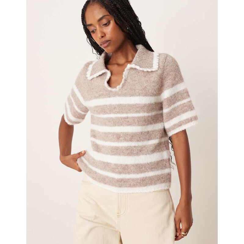 ASOS DESIGN short sleeve frill detail knitted polo in cream stripe 107999459